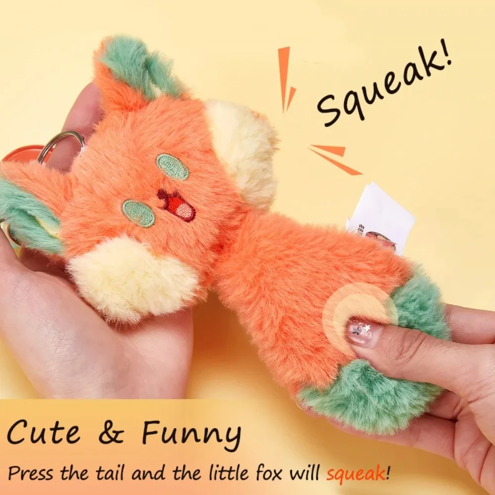 Squeak Fox Cartoon Stuffed Animal Keyring with Bell, Cute Fluffy Pendentif, Bag Purse, Car Key Ring, Equifor Girl