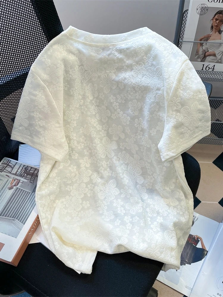 เสื้อยืดลายลูกไม้ปักลายเฉพาะตัวสำหรับผู้หญิง แฟชั่นฤดูร้อน ดีไซน์พิเศษ สวยงาม สไตล์เกาหลี ทรงหลวม