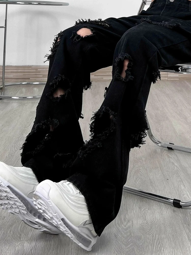 

American Retro Hole Micro Flared Bla Jeans Men's Trendy High Street Straight Loose Pants Design Sense Casual Leisure Trousers