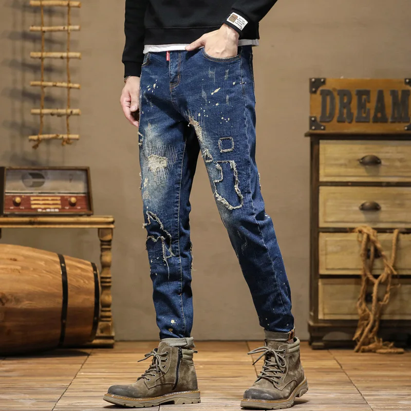 Street Design Motorrad Herren zerrissene Stickerei Patch Stitching Splash-Ink Jeans Herren trend ige Slim Fit Retro-Hose