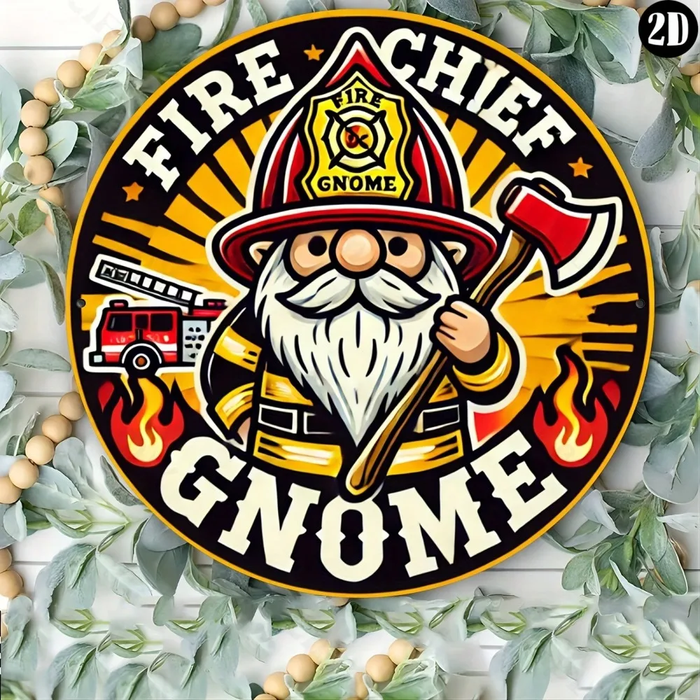 Vintage Fire Chief Gnome Metal Tin Sign, Retro Firefighter Gnome with Axe and Fire Truck Round Wall Art Decor, Classic Fireman T