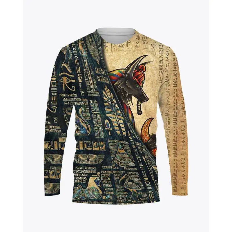 Ancient Egyptian Horus Print Summer Men\'s O-Neck T-shirt Casual Long Sleeve Oversized Pullover Fashion Tops Trend Men Clothing