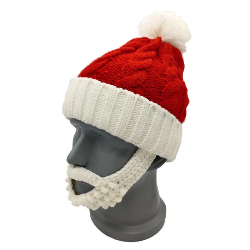Hombre mujer Navidad rojo y blanco Santa gorro tejido vacaciones Año nuevo decoración barba gorros con pompón