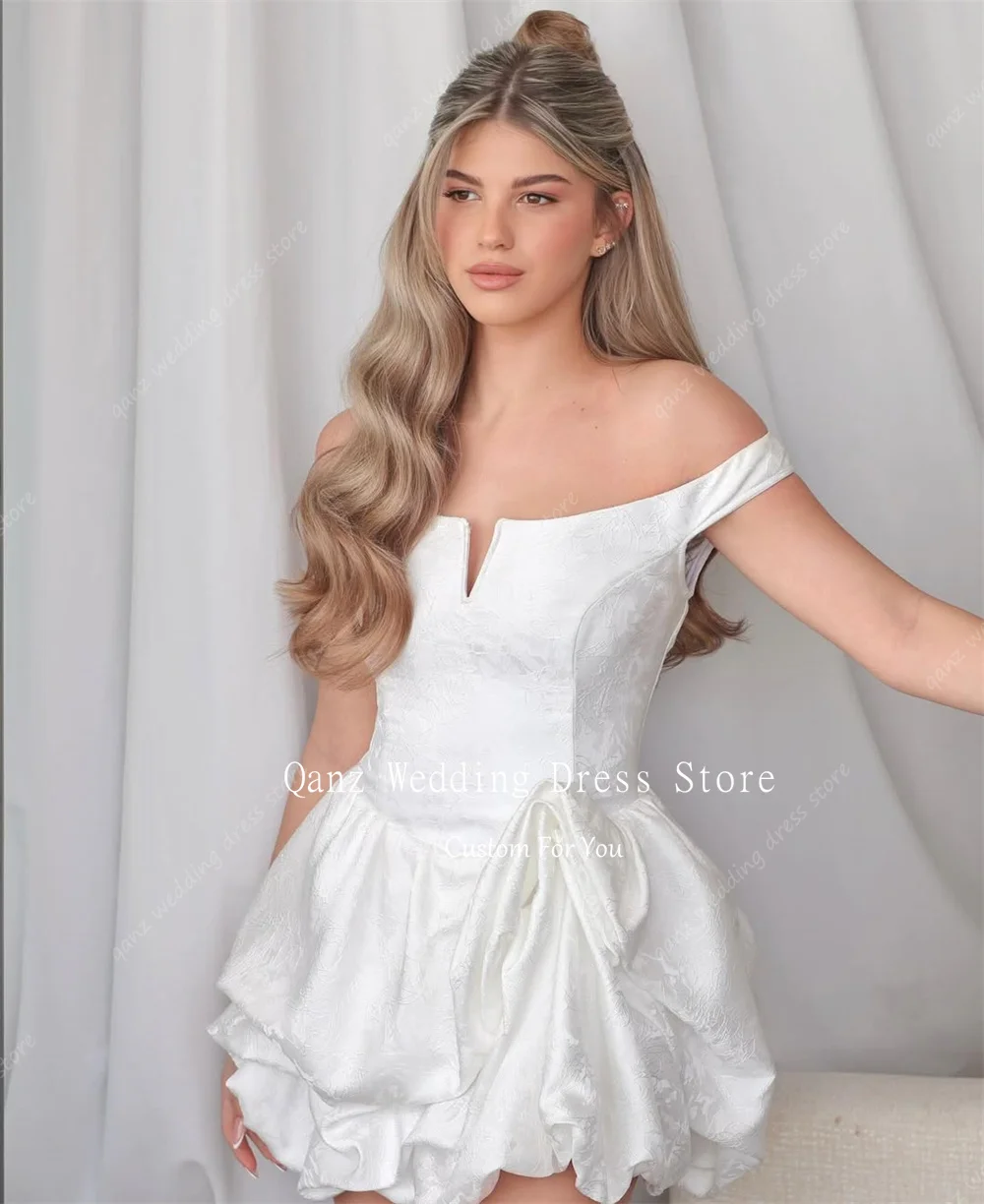 Qanz Ivory Off The Shoulder Wedding Dress Short A Line Vestidos De Novias Civil Ruffles Mini Women Bridal Gowns Customized