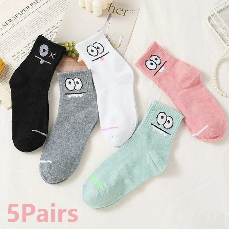 5Pairs Cute Cartoon Big Eyes Mid-Calf Socks for Women Breathable Comfortable Funny Print Sock Student Casual Socks