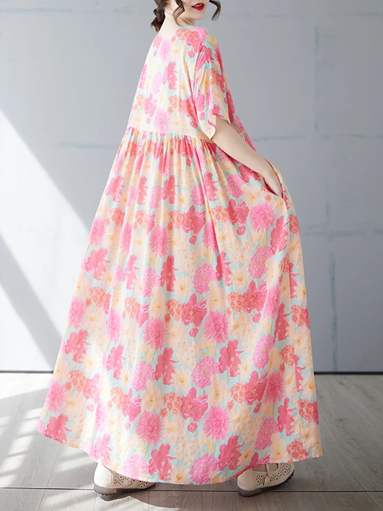 Oversized Cotton Short Sleeve Vintage Floral Print Dresses For Women Summer New In Loose Casual Long Dress Elegant Clothing 2025
