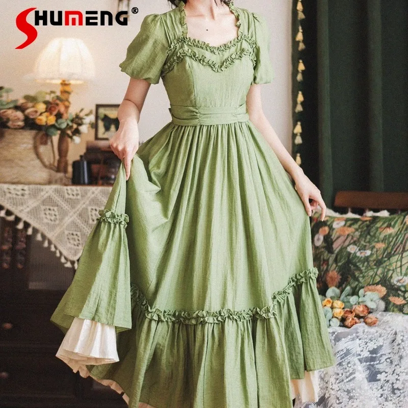 

Элегантное платье во французском стиле с квадратным вырезом и оборками, женское, с завышенной талией, стройнящее, длинное, красивое, в стиле каваи, для женщин