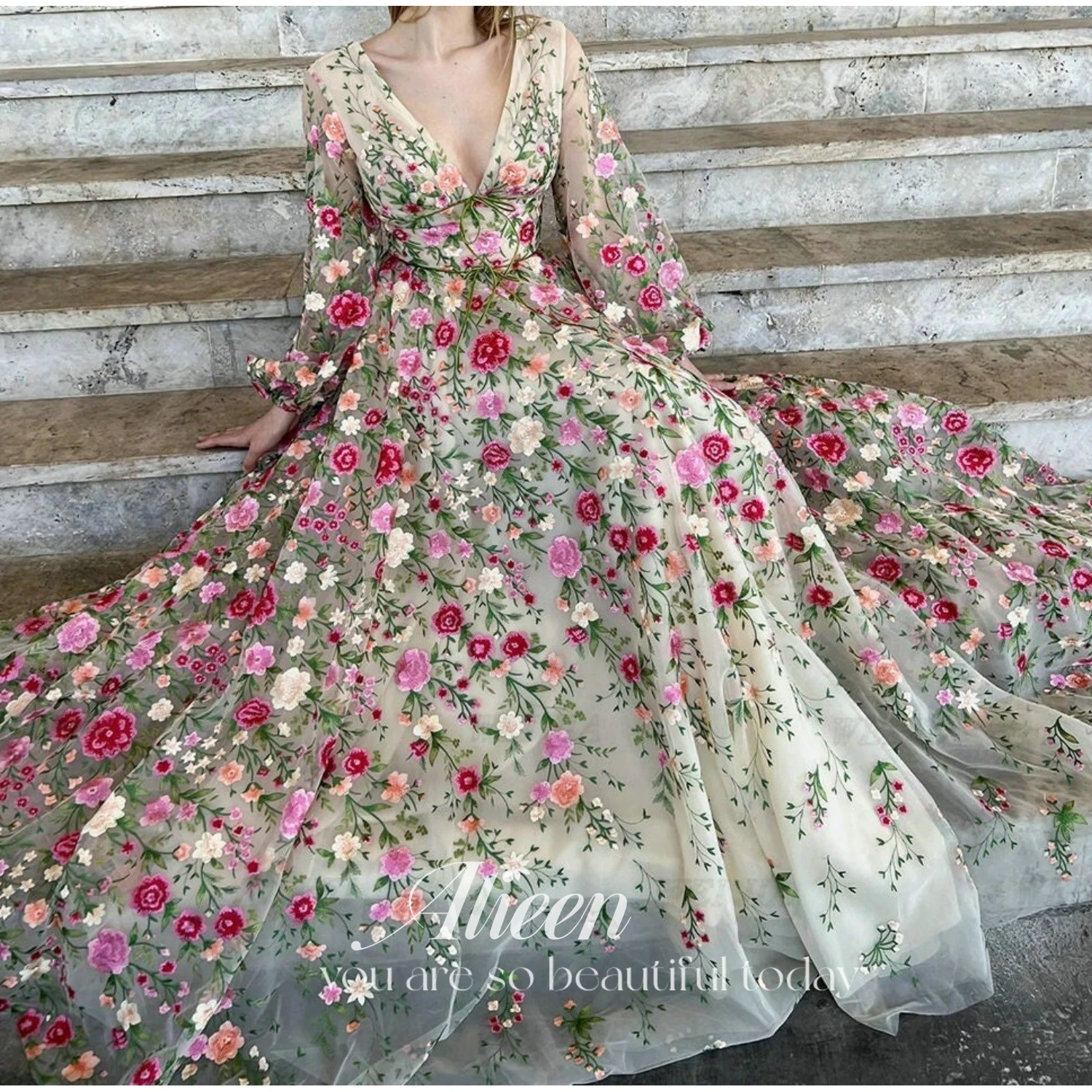 V-neck Embroidery Custom Made Puffy Sleeves 3D Flowers Elegant customized Party Dresses  for Wedding Women Evening Dress Long