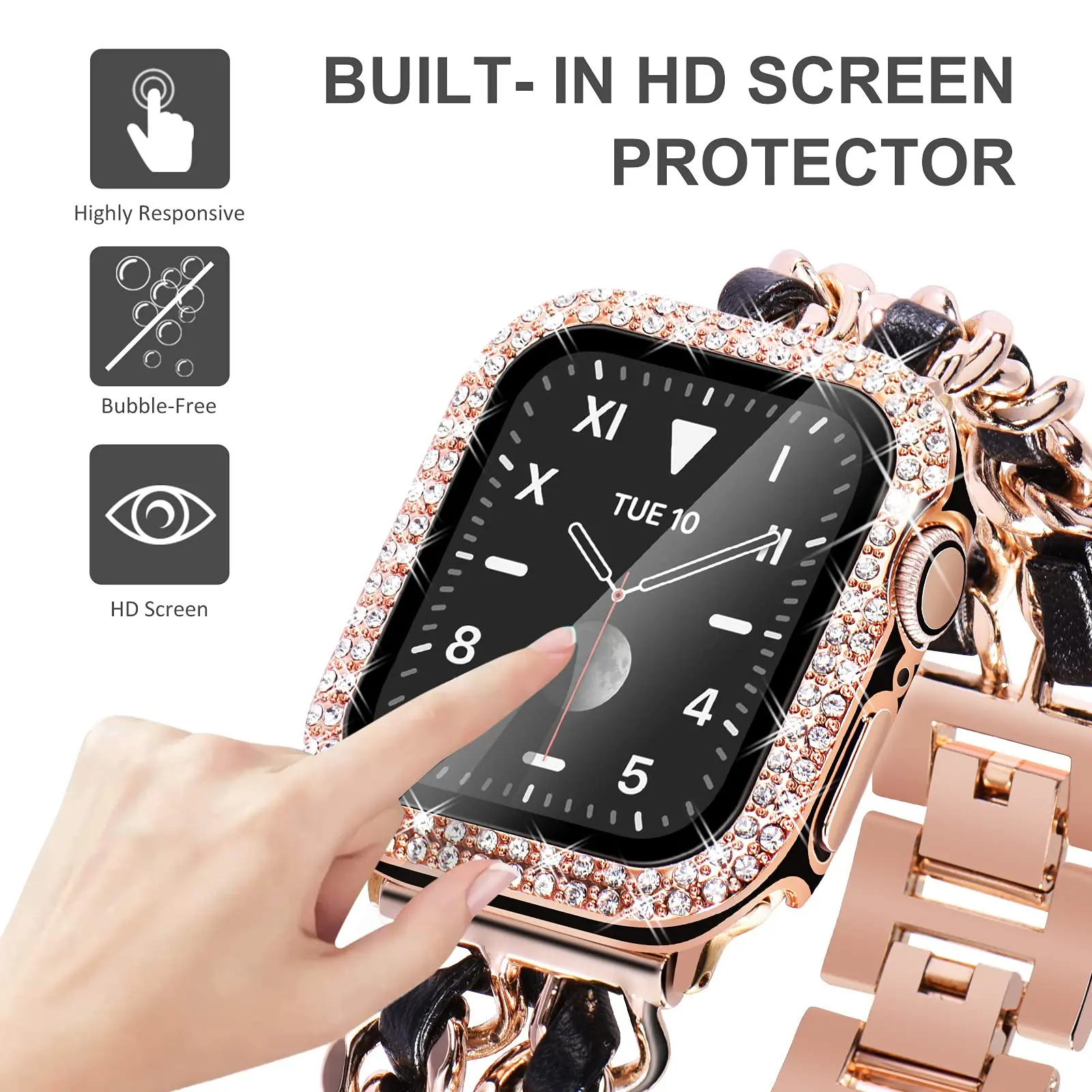 Glass+Cover For Apple Watch case 40mm 44mm 45mm 41mm iWatch Accessories Diamond+Screen Protector Apple watch serie 3 5 6 SE 7 8