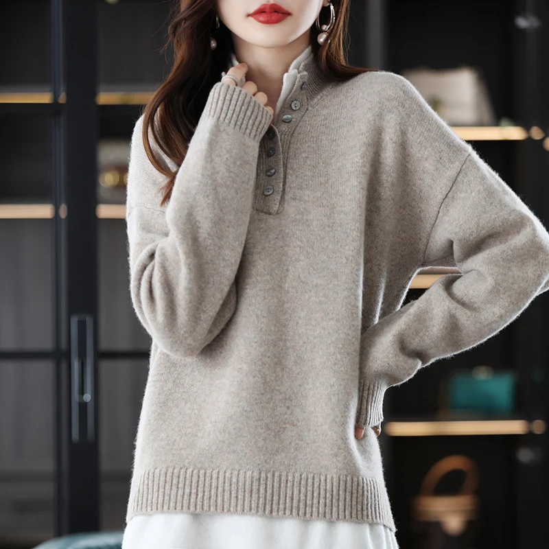 New 2023 Ladies Cashmere Suit Half Turtleneck Loose Sweater Solid Color Knit Casual Wide Leg Pants 100% Pure Wool Two Piece Set