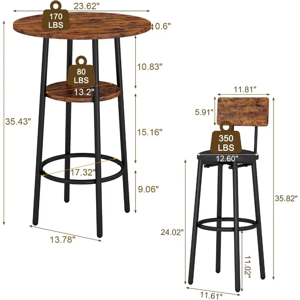 3-Piece Bar Table Set for 2, Small 2-Tier Round Bistro Pub Dining Table & PU Upholstered Stools with Backrest