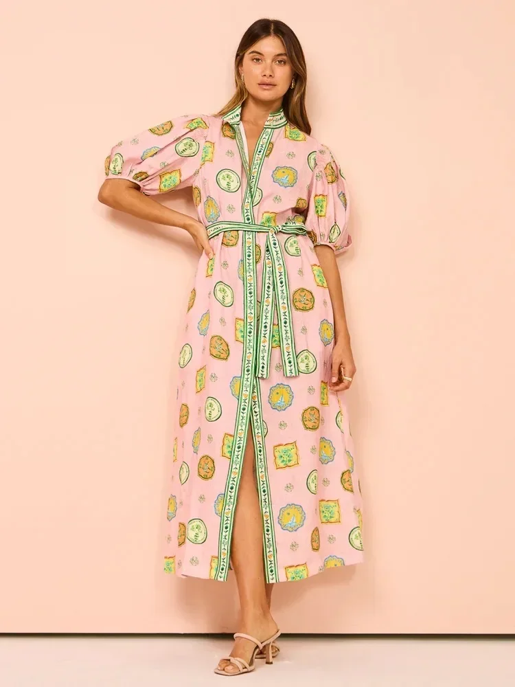 Robe mi-longue à manches courtes pour femmes, vintage, imprimé graphique, manches lanterne, mode décontractée, fête de vacances élégante, nouveau, 2024