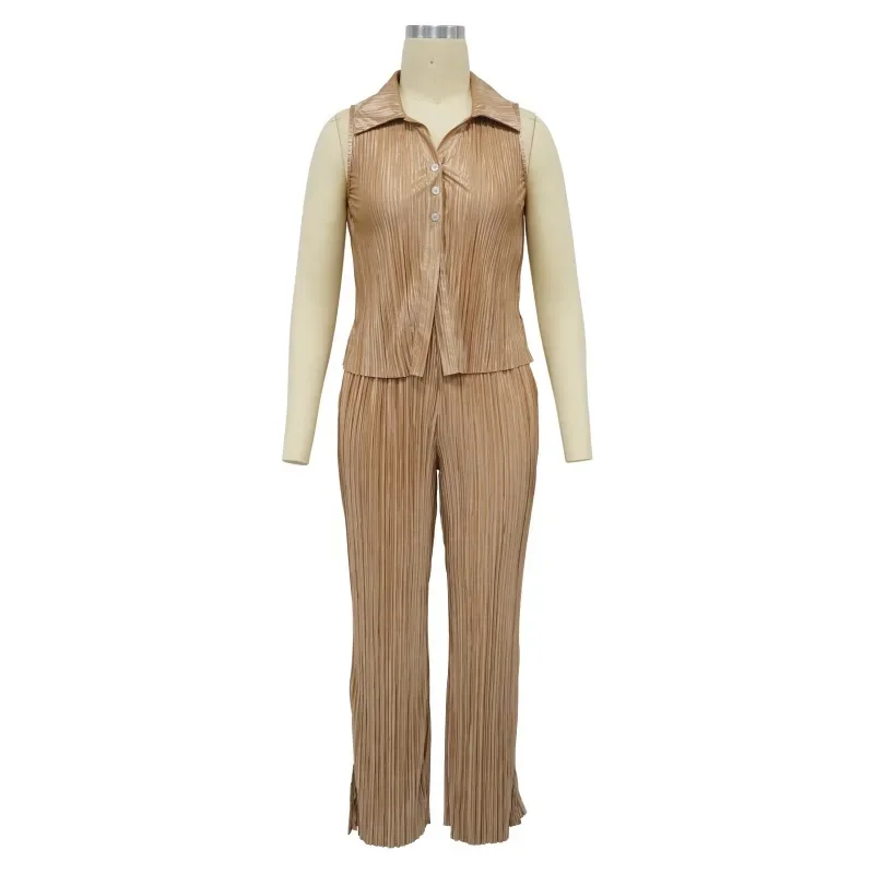 Women Summer Casual Solid Pleated 2 Piece Sets Single Breasted Sleeveless Shirts Tops + Wide Leg Pants Fashion Holiday Suits