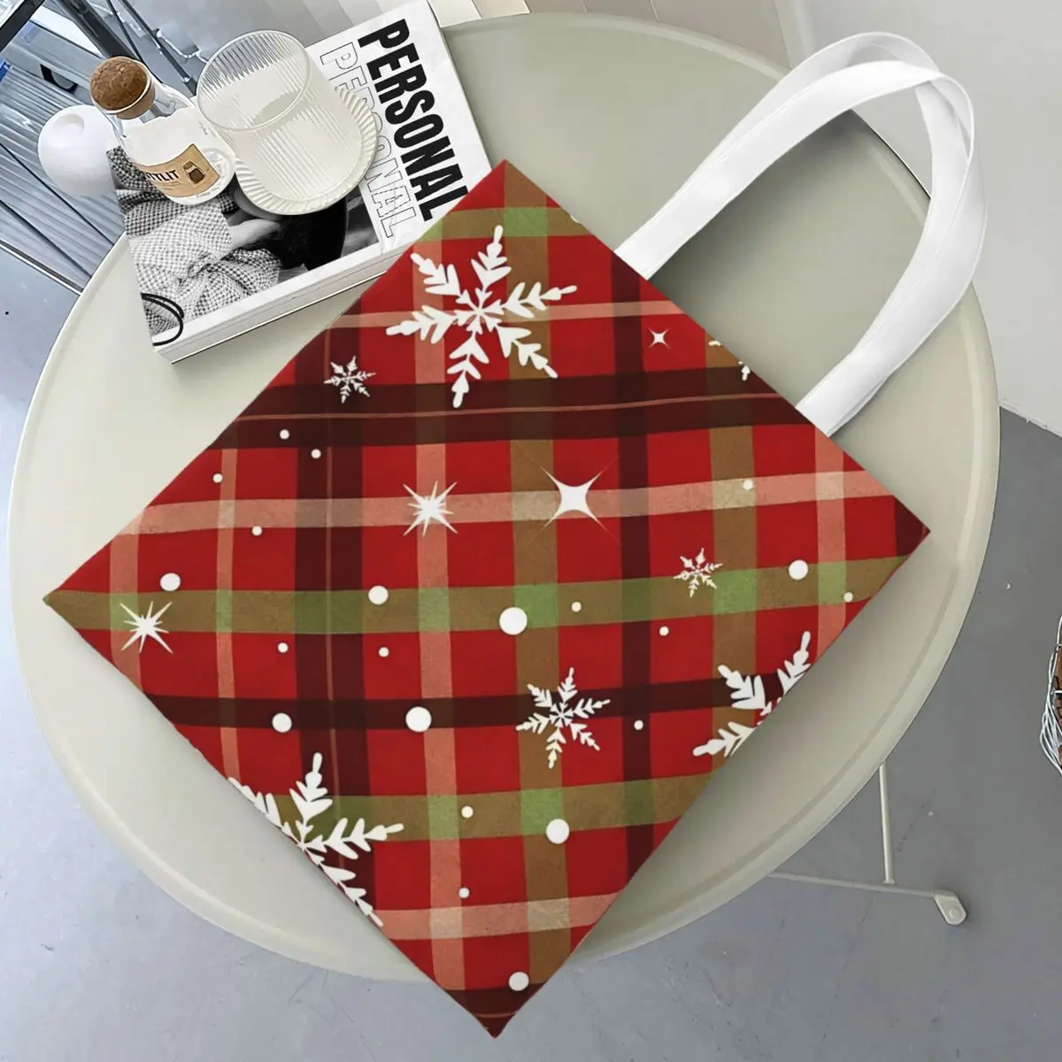 

Red Green Christmas Tote Bags Women Handbag Foldable College Snowflakes Xmas Snow Shoulder Bag Reusable Grocery Bag