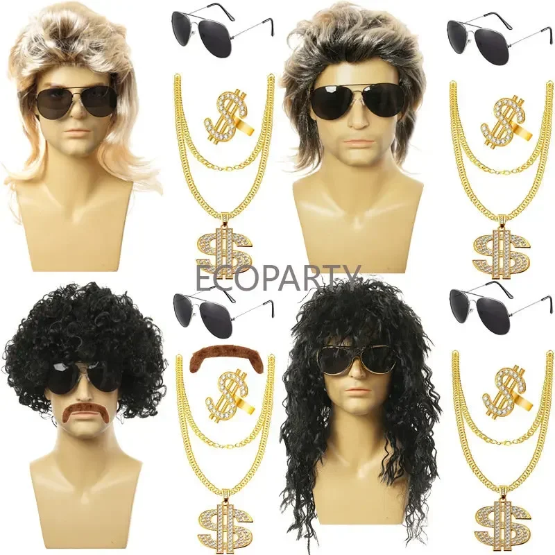 

Men's Black Short Curly Synthetic Cosplay Wig Honey Gold Brown 70s Disco Costume 3 Piece Gold Chain Halloween Costume Party Wig