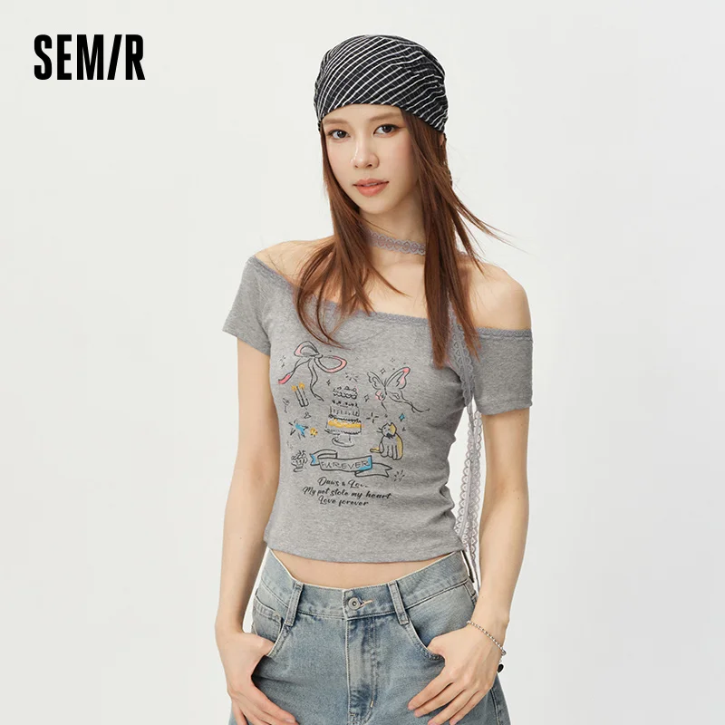 Semir Women Tshirt Lace One Shoulder Print Slim Cropped Top 2026 Summer Trendy