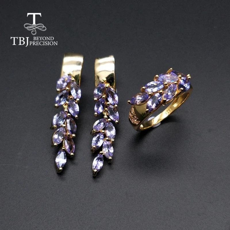 

Ювелирный набор из серебра 925 пробы с натуральным танзанитом: серьги и кольца для девушки, свадебный подарок, в коробке.