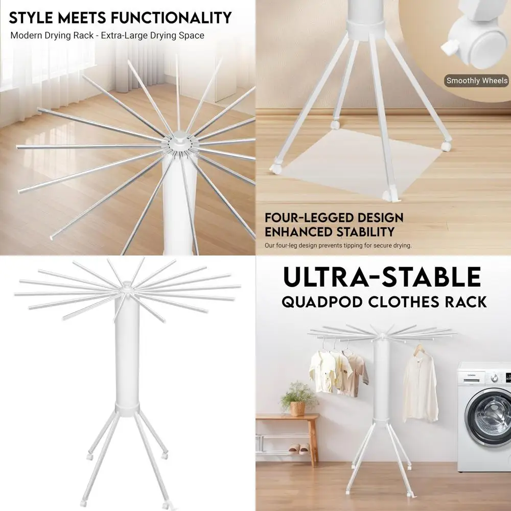 

Collapsible 16-Rod Portable Clothes Drying Rack with Wheels for Indoor & Outdoor Use, White & Silver
