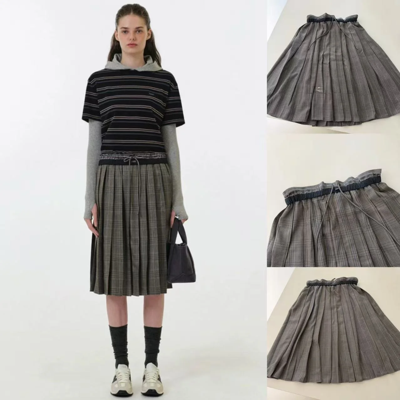 VE LOVE 뉴 컬리지 슬레프 스커트, 끈 조임식 허리밴드, 컬러 블록 체크 무늬 빈티지 캐주얼 여성 스커트