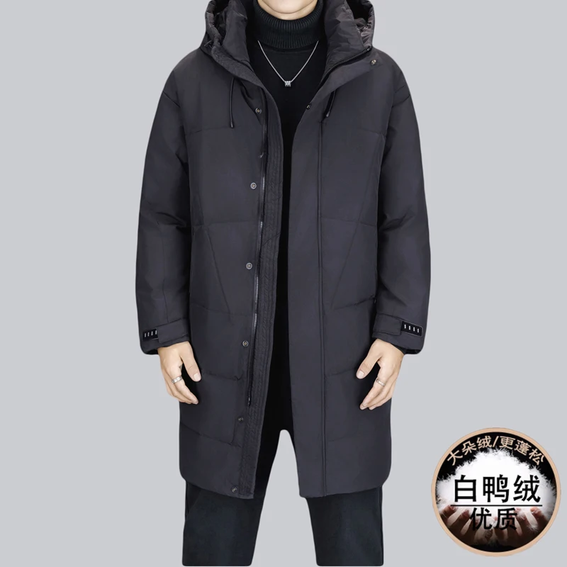Luksusowa męska długa kurtka puchowa z kapturem na zimę 2025, ocieplana, wiatroodporna, casualowa, czarna, pogrubiona, wyściełana kurtka typu puffer.