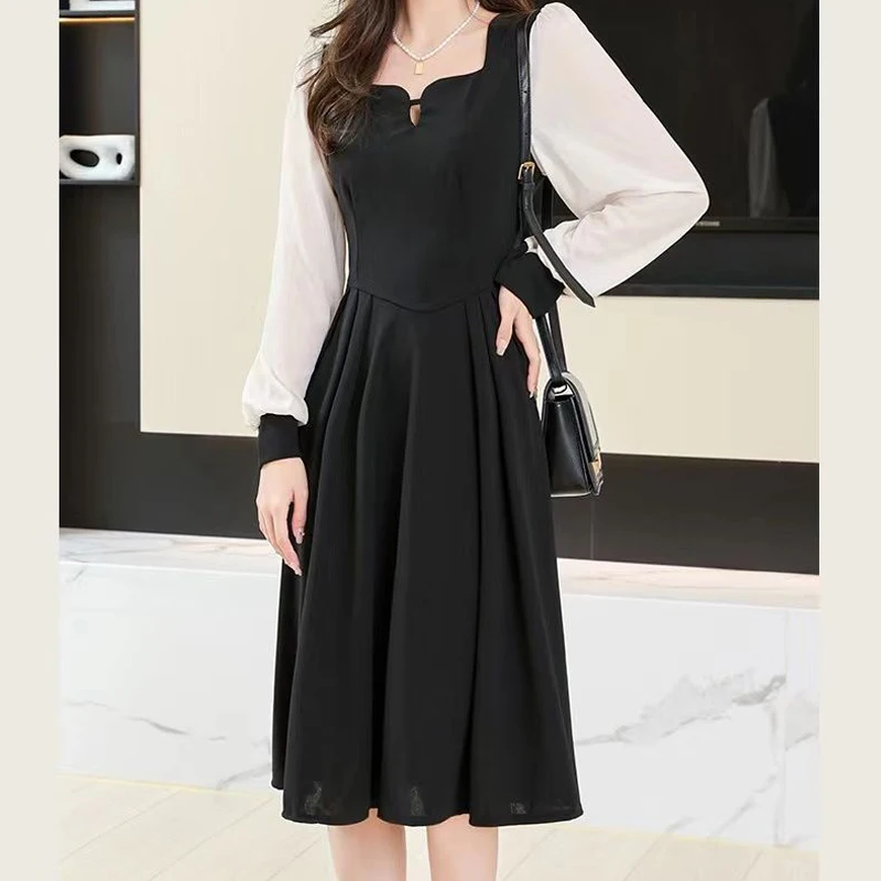 Spring Autumn Women Fashion Elegant Square Neck Party Dresses Female Patchwork Long Sleeve Pleated Midi Dress Slim Fit Vestidos