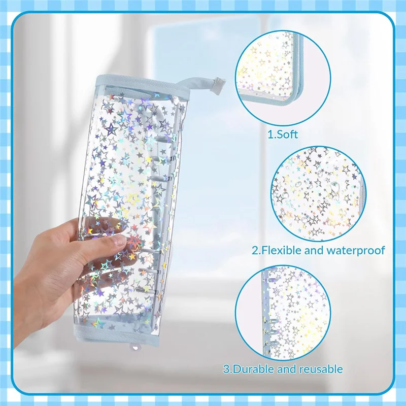 A19E-A5 Budget Binder Cover With Zipper, Glitter Stars A5 6 Ring Binder Planner, Clear PVC Refillable Notebook Shell