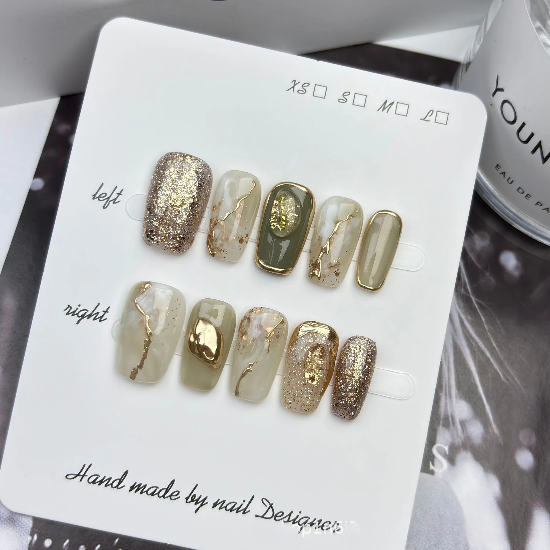 

10 шт., средние французские типсы для ногтей, зеленые блестящие осенние золотые нерегулярные линии, дизайн, балетный маникюр, модные акриловые носимые ногти