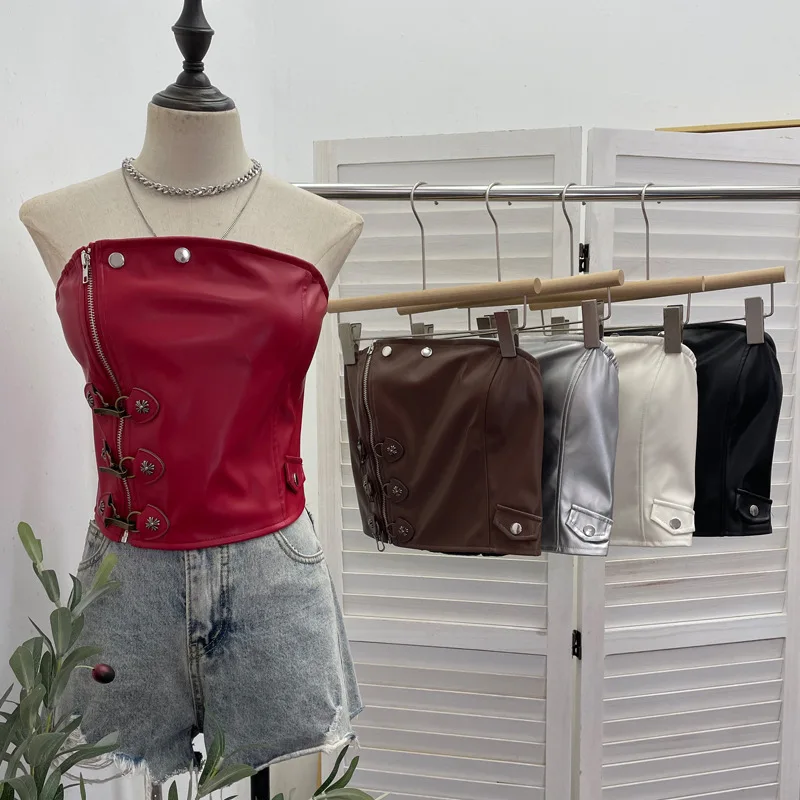 

Y2k Pu Leather Strapless Tube Top Rock Locomotive Punk with Chest Pad Metal Disc Button Bra Crop Top Women