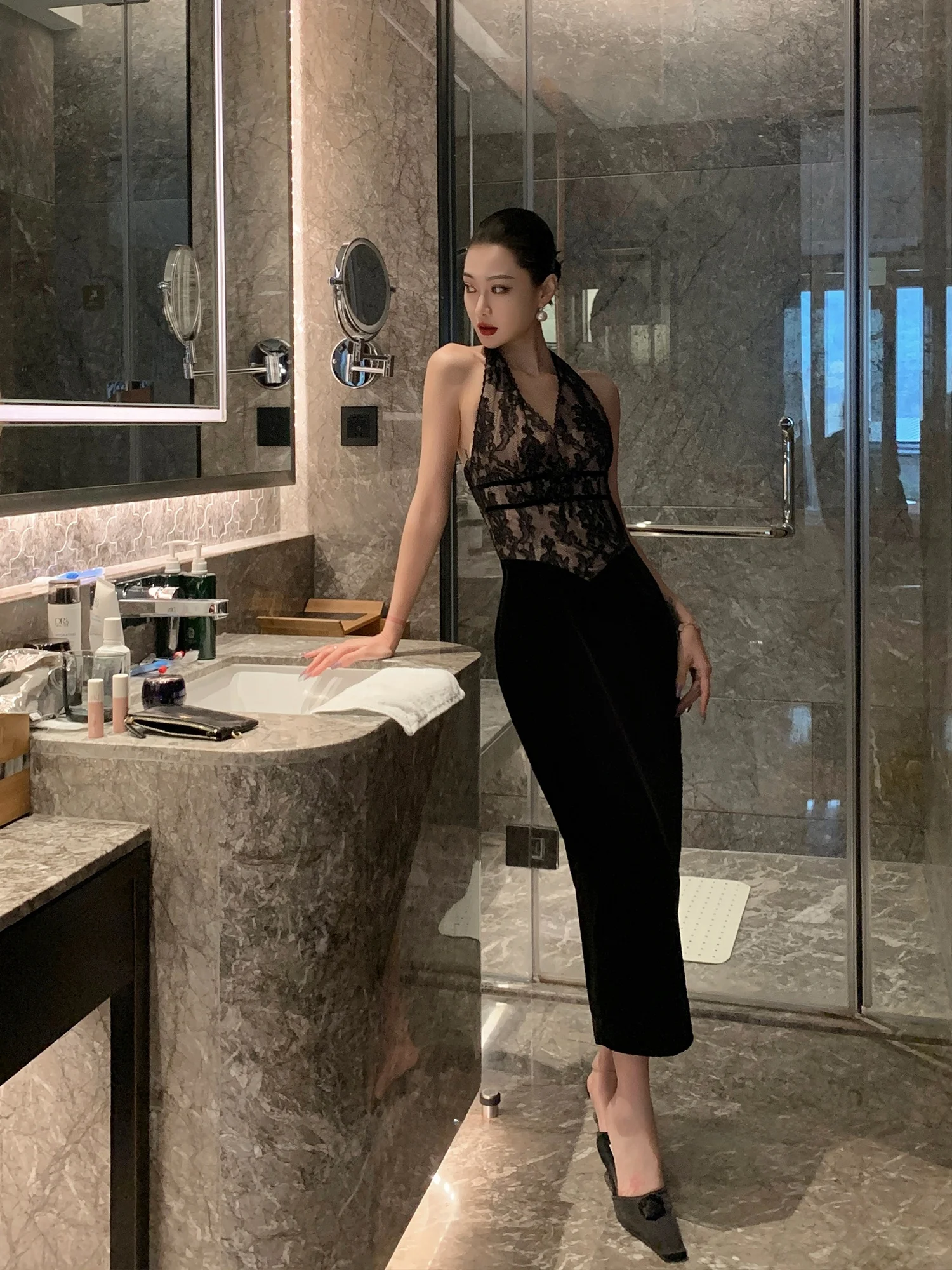 

Dongni3 Velvet Lace Trim Sexy Hanging Ne Long Dr Autumn Winter New Sle Classy Patchwork Waist Cinching Gown