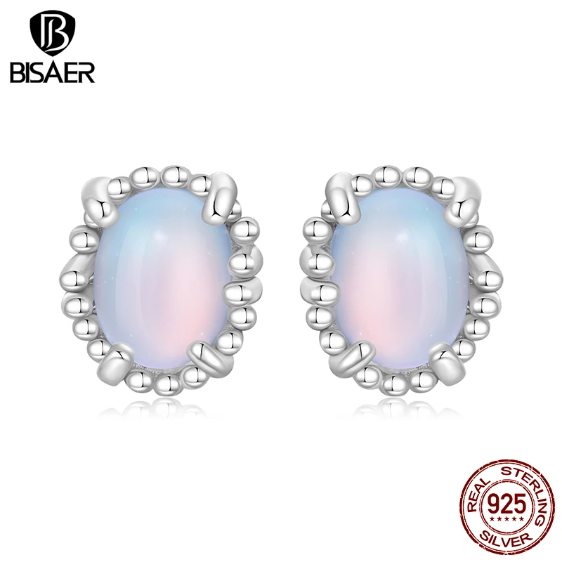 

BISAER 925 Sterling Silver Opalescent Mainstone Stud Earrings Fantasy Oval Glass Stud Ear for Women Party Original Fine Jewelry