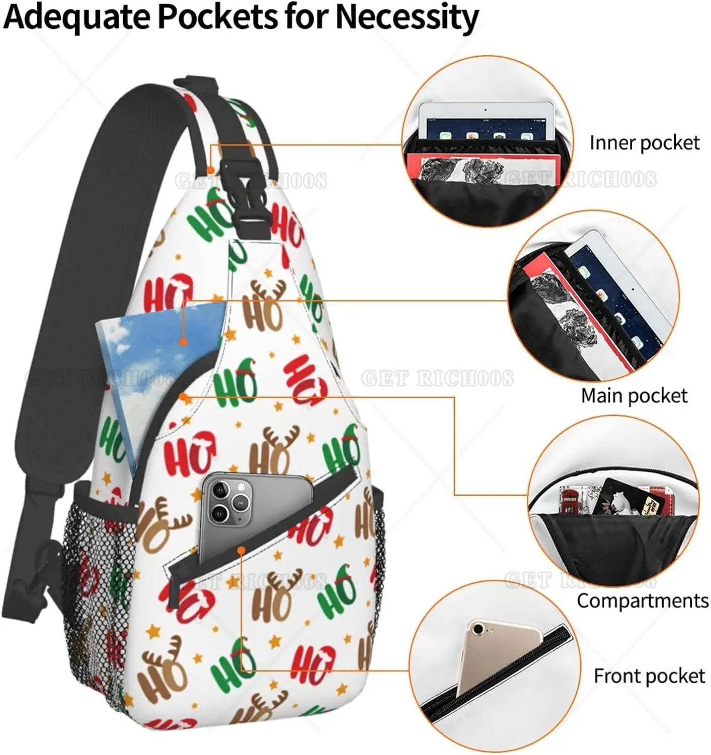 Ho Ho Ho Antler bożonarodzeniowy torba na klatkę piersiową bożonarodzeniowy torba typu Crossbody Sling Bag turystyczny plecak podróżny casualowy plecak na ramię dla kobiet mężczyzn