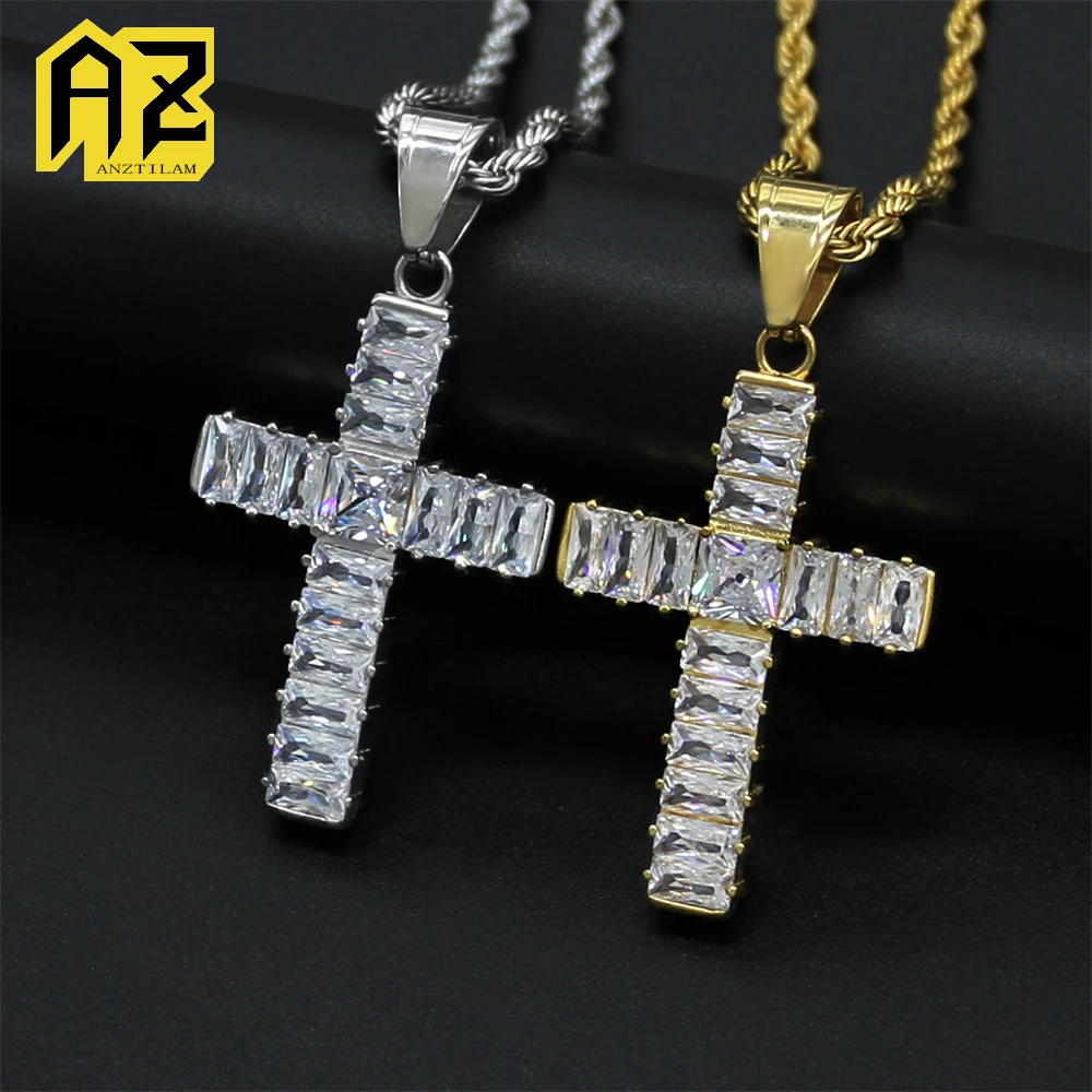 

Anztilam Baguettes Цирконовый крест, не выцветает, кулон со льдом из нержавеющей стали 316L с длинными звеньями, ожерелья-цепочки, ювелирные изделия в стиле хип-хоп