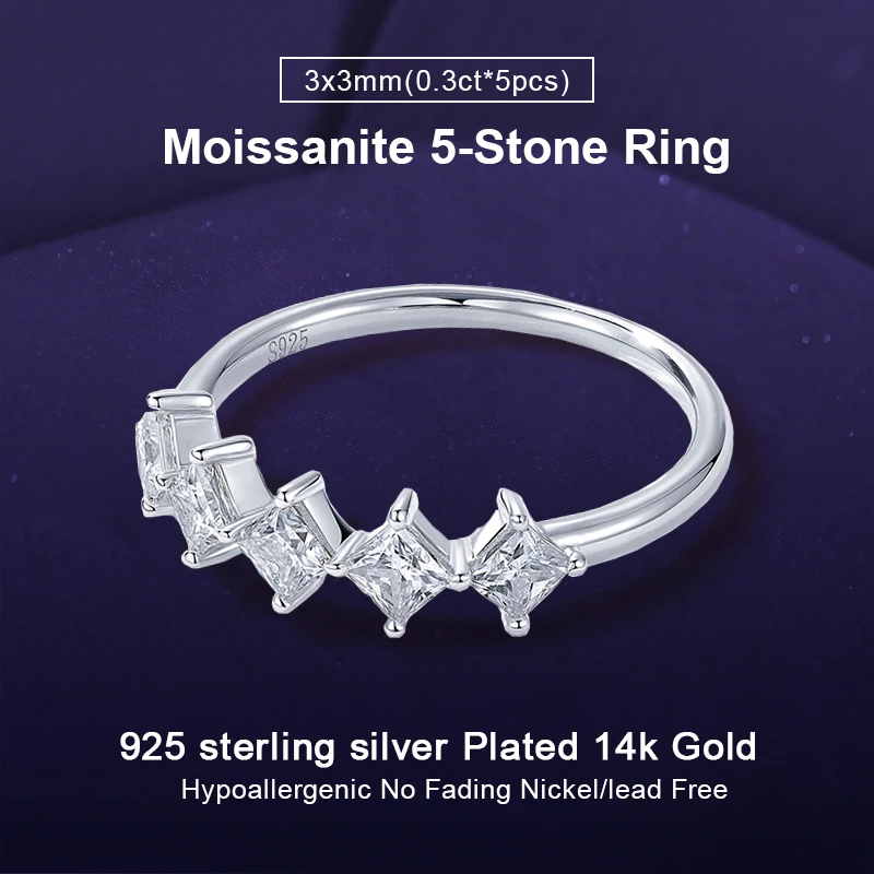 

IOGOU Роскошное обручальное кольцо принцессы с 5 камнями для женщин, серебро 925 пробы, сертифицированное D, цвет 1,5 карата, обручальное кольцо с бриллиантом