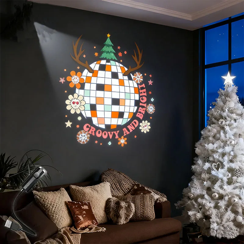 Christmas LED Projector Light with Snowman Bells & Fox Designs 360° Rotation Adjustment USB Plug-in for Festive Atmosphere Decor
