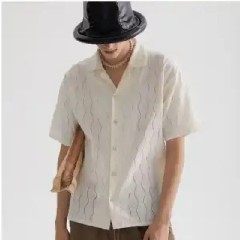 Hawaiian Style Men Summer Hollow Out Cuban Collar Short Sleeve Shirt Thin Tops Beach Vacation Daily Shirts S-3XL