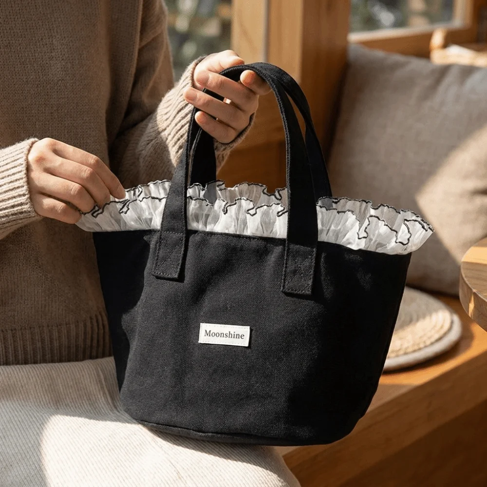 New Style Large Capacity Canvas Tote Bag Portable Lightweight Lace Trim Handbag Ruffle Edge Shopping Bag Casual Wear