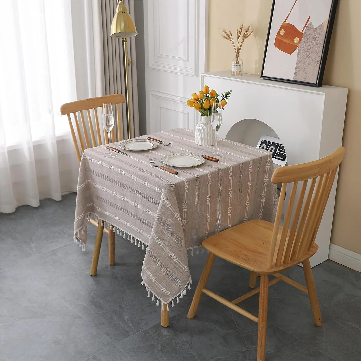 

Скатерть квадратная в деревенском стиле с вышивкой в полоску, с бахромой, из хлопка и льна, немнущаяся, моющаяся, для стола