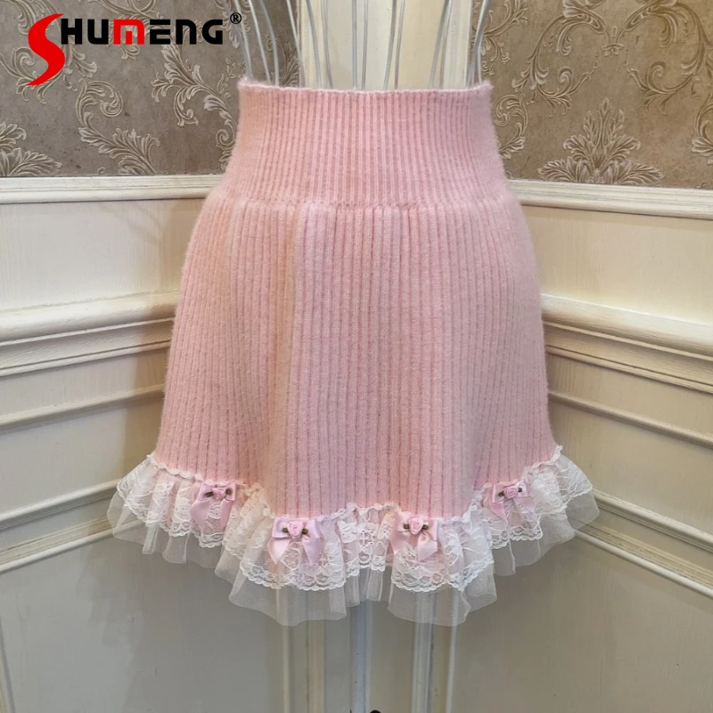 

New Japanese Style Sweet Girl Rose Flower Bow Tie Cake Lace Stringy Selvedge All-Matching Base Plush Knitted Skirts Pink Clothes