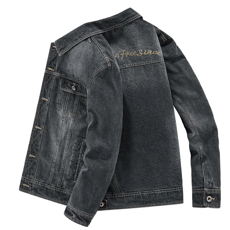 Men's Casual Slim Denim Black Washed Rivet Buckle Lapel Trendy Fashion All-match Jacket Top