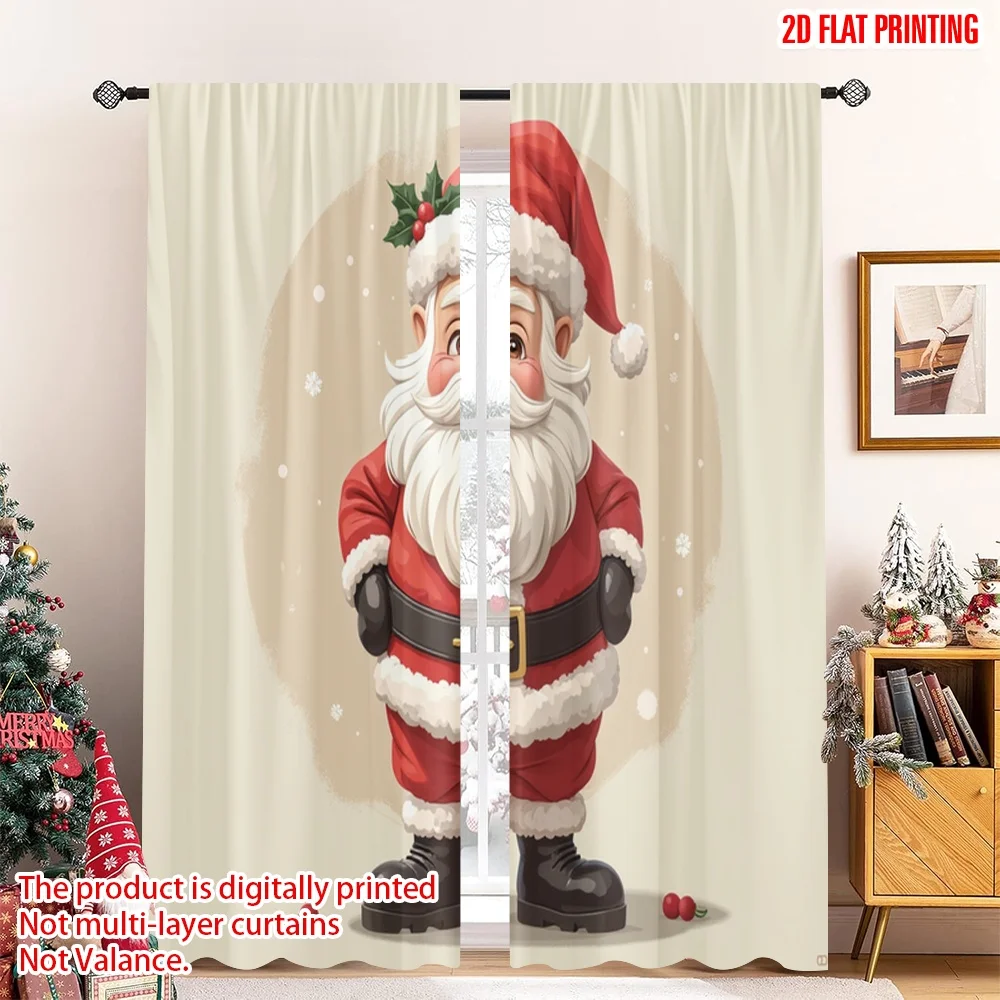 

2pcs 2D flat printing Christmas Scene Curtain Pink Santa Claus watercolor painting Polyester Without Electricity Birthday Party
