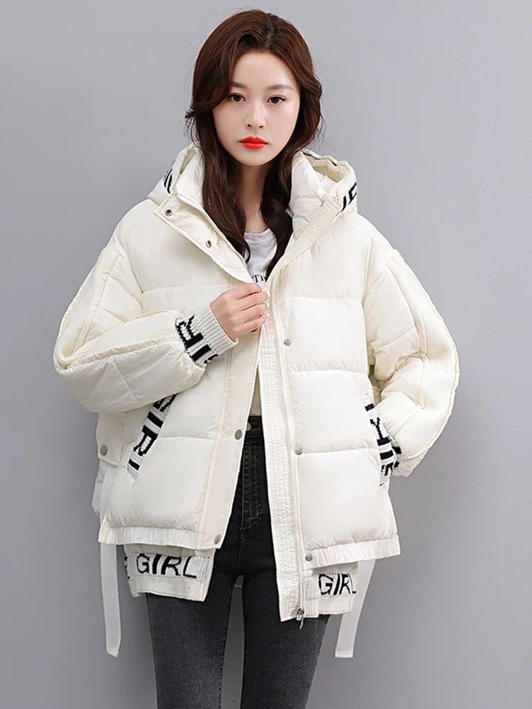 

Women Winter Thicken Down Cotton Jacket 2024 New Letter Design Hooded Warm Cotton Coat Korean Lady Outerwear