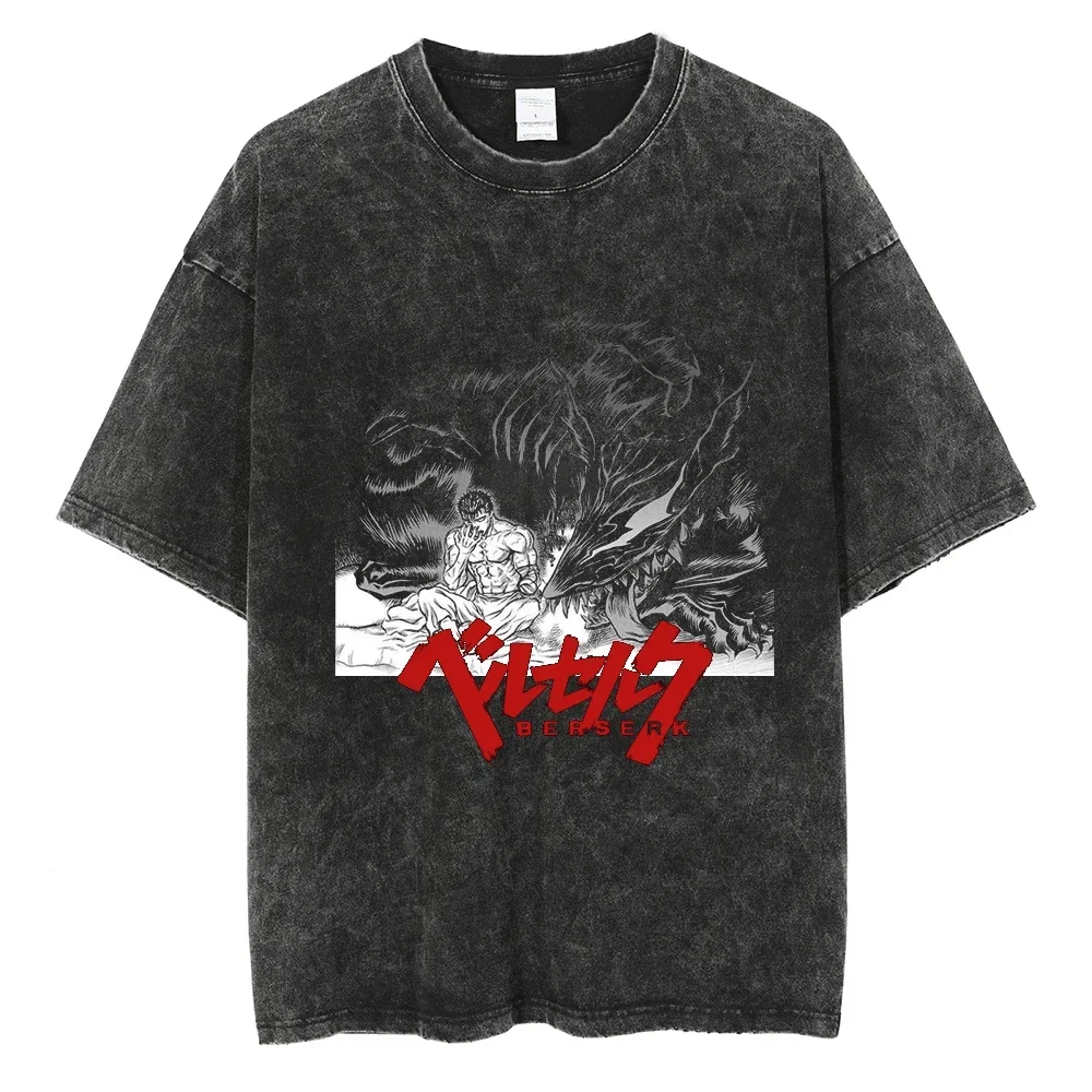 Harajuku Streetwear Vintage T-Shirt Anime Cartoon Berserk Graphic Summer Cotton Casual Tshirt Men Fashion Hip Hop Short Sleeve