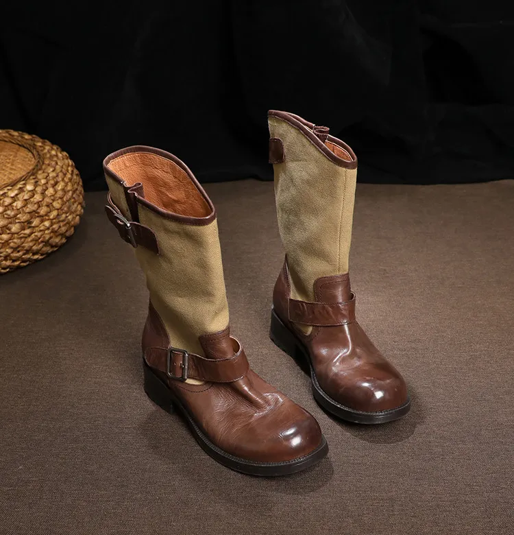 SHOEBOX Retro belt buckle knight boots for women, 2026 autumn and winter with velvet color blocking fashion, thick heel