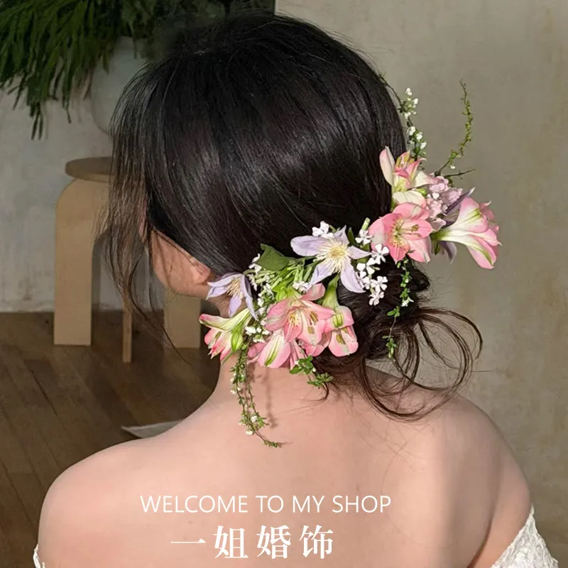 New Mori simulation flower hair accessories super fairy pink flower hairpin hair accessories atmosphere bride photo wedding head