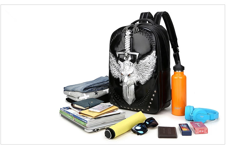 Avant Garde Men Backpack Leather Bagpack Student 3D Embossed Spatial Wolf Sword Skull Travel Shoulders Laptop School Bag Restore