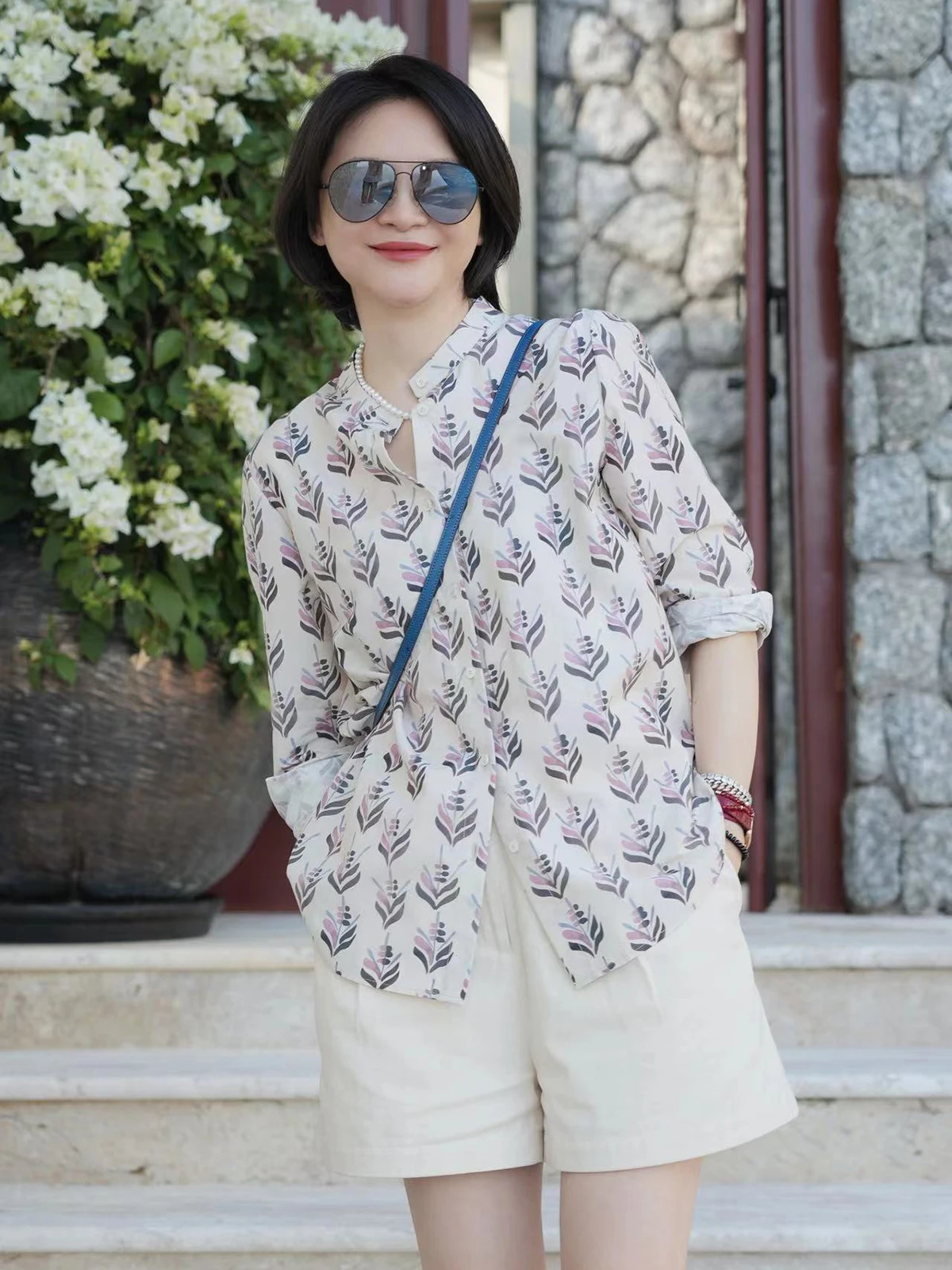 

Рубашка из шелковистого хлопка с принтом в стиле прованского рамена, свободный крой, на пуговицах, весенняя коллекция