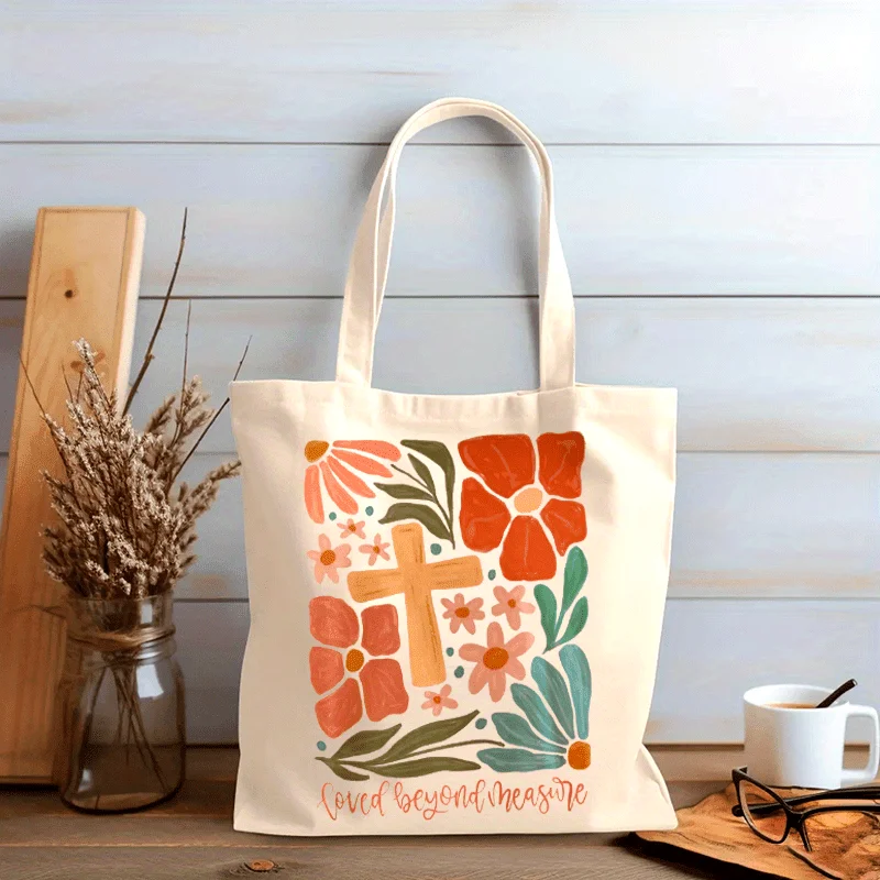 Colorful Tote Bag for Women Inspired by Christian Themes Featuring a Large and Fashionable Design with Floral and Cross Motifs