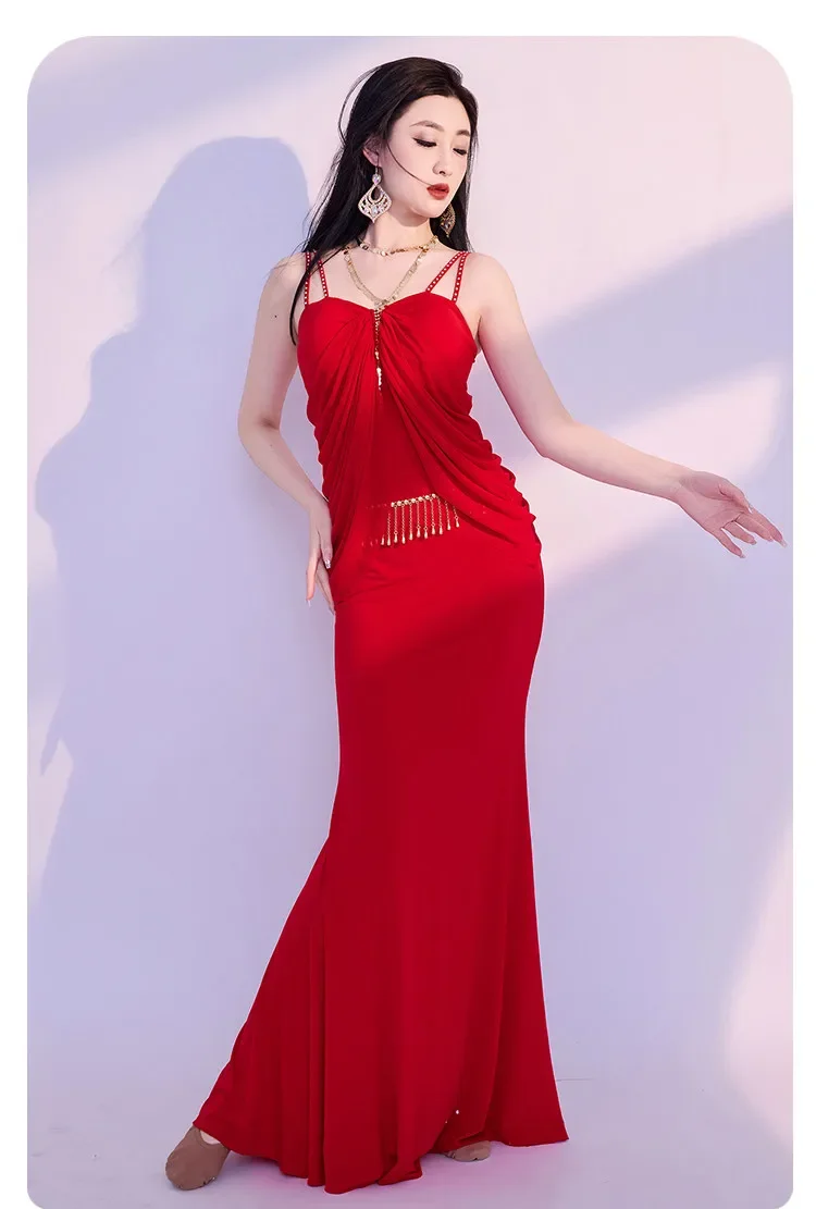 Neues Bauchtanz-Übungsoutfit, Trägerkleid, sexy Bauchbedeckung, orientalisches Tanzkostüm für Auftritte, professionelles Bauchtanz-Outfit. – Detail 7