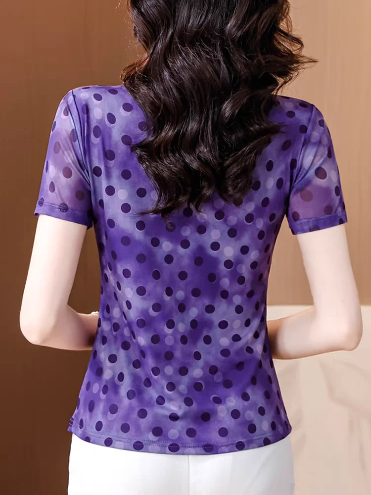 Summer Short Sleeve Mesh T Shirt Women Dot Purple Mesh T Shirt Female Thin Casual Vintage Skinny Woman T-shirts