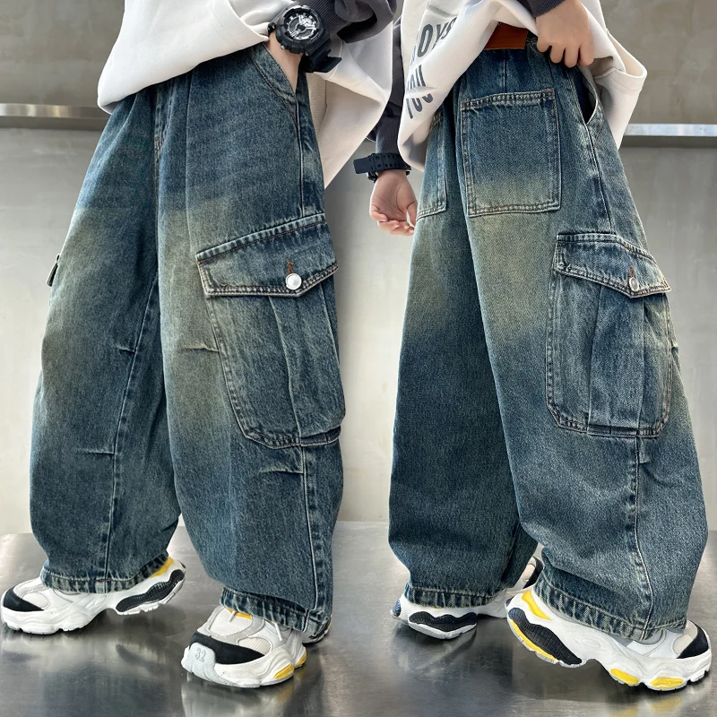 

Новые роскошные весенние джинсы-карго свободного кроя для подростков, высококачественные модные детские джинсовые брюки